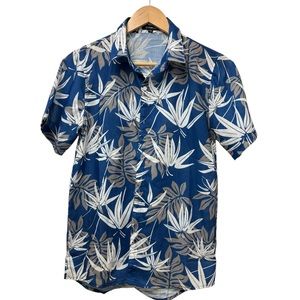 Spring and Gege Blue Floral Tropical Button Down‎ Collared Shirt Boys Youth 2XL